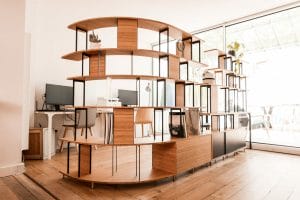 Bookcase, desk, custom-made, design, office space, curve