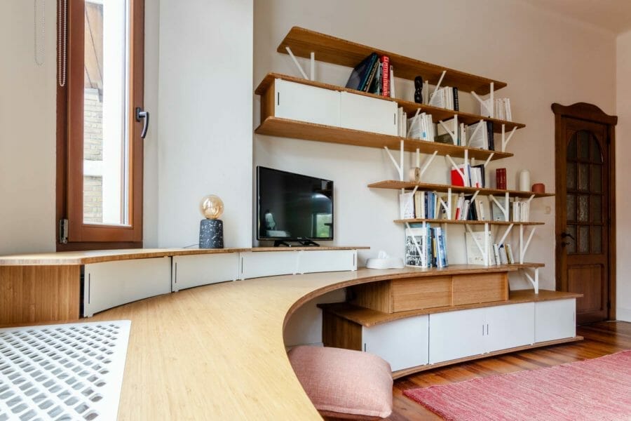 Bibliothèque, bureau, sur-mesure, design, acier, bois massif, cache radiateur