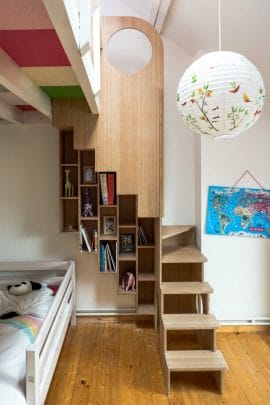 Escalier, bibliothèque, chambre enfant, optimisation, mezzanine, bois massif, acier, métal, sur-mesure, design
