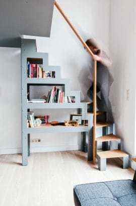 Escalier, rambarde, optimisation, mezzanine, bibliothèque, bois massif, acier, métal, sur-mesure, design