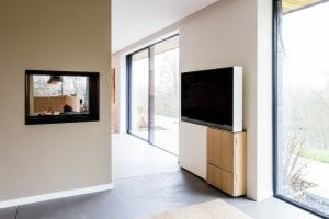 Custom-made retractable TV stand - Wood and steel