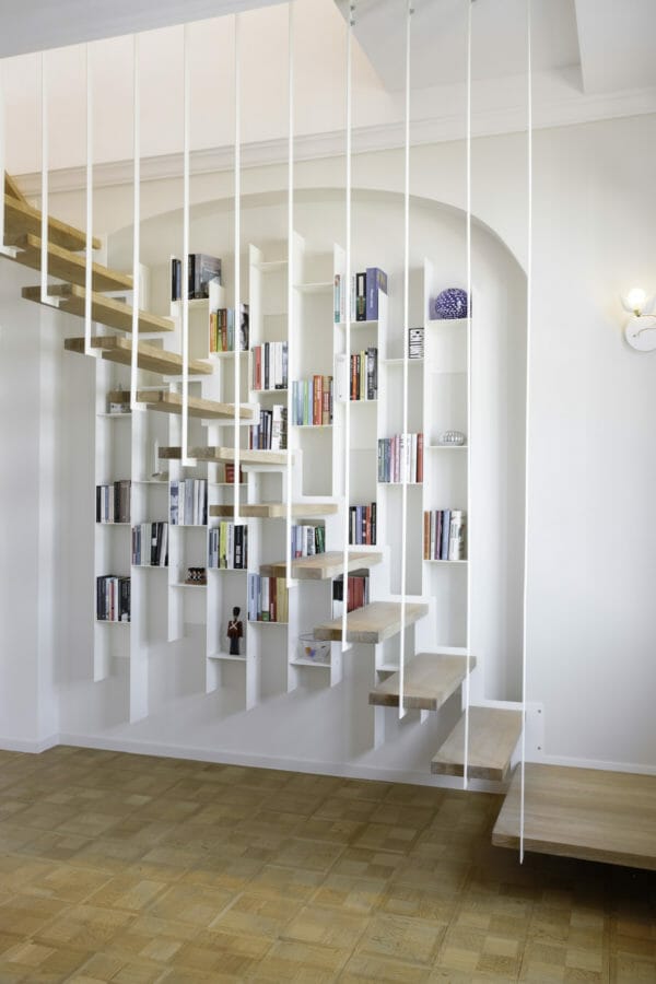 Stairs, railings, built-in bookcases, solid wood, steel, metal, custom-made, design