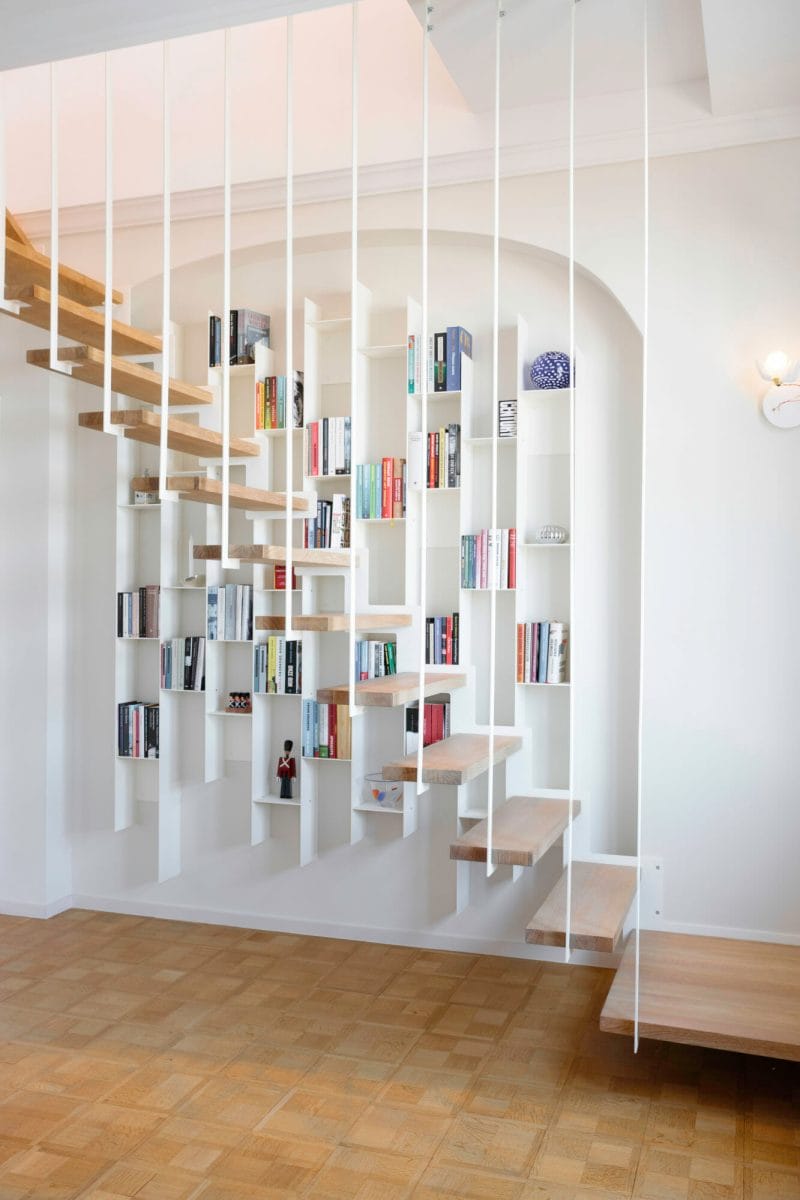 Stairs, railings, built-in bookcases, solid wood, steel, metal, custom-made, design