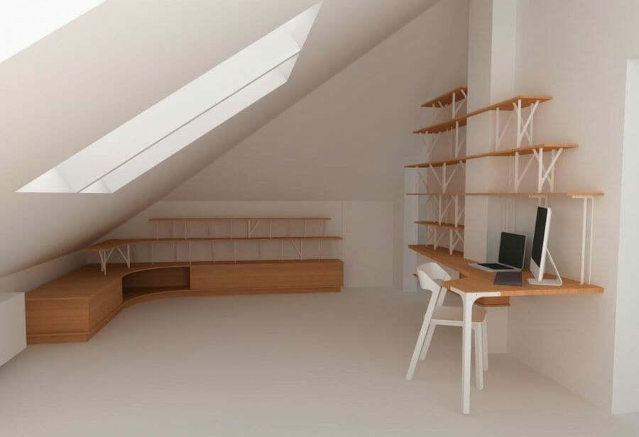 Aangepaste indeling van ruimte onder helling met gebogen boekenkast