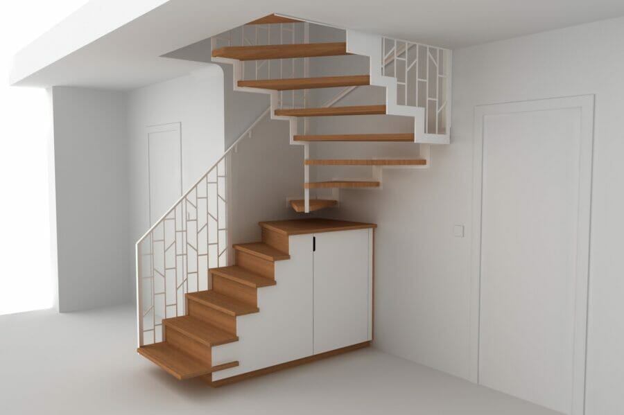 Escalier avec meuble sous escalier intégré - Bambou et acier