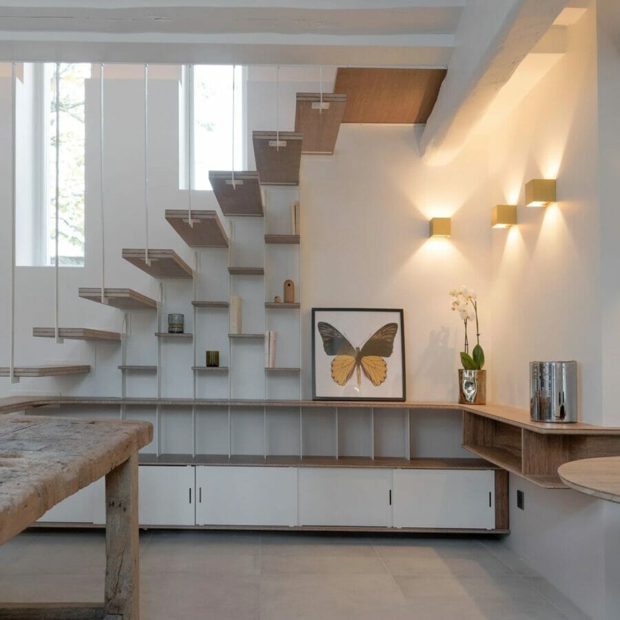 Stairs buffet and integrated bookcase - Bamboo and steel